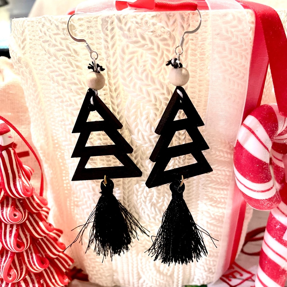 Mini  black Wood tassel Christmas tree ornament earrings